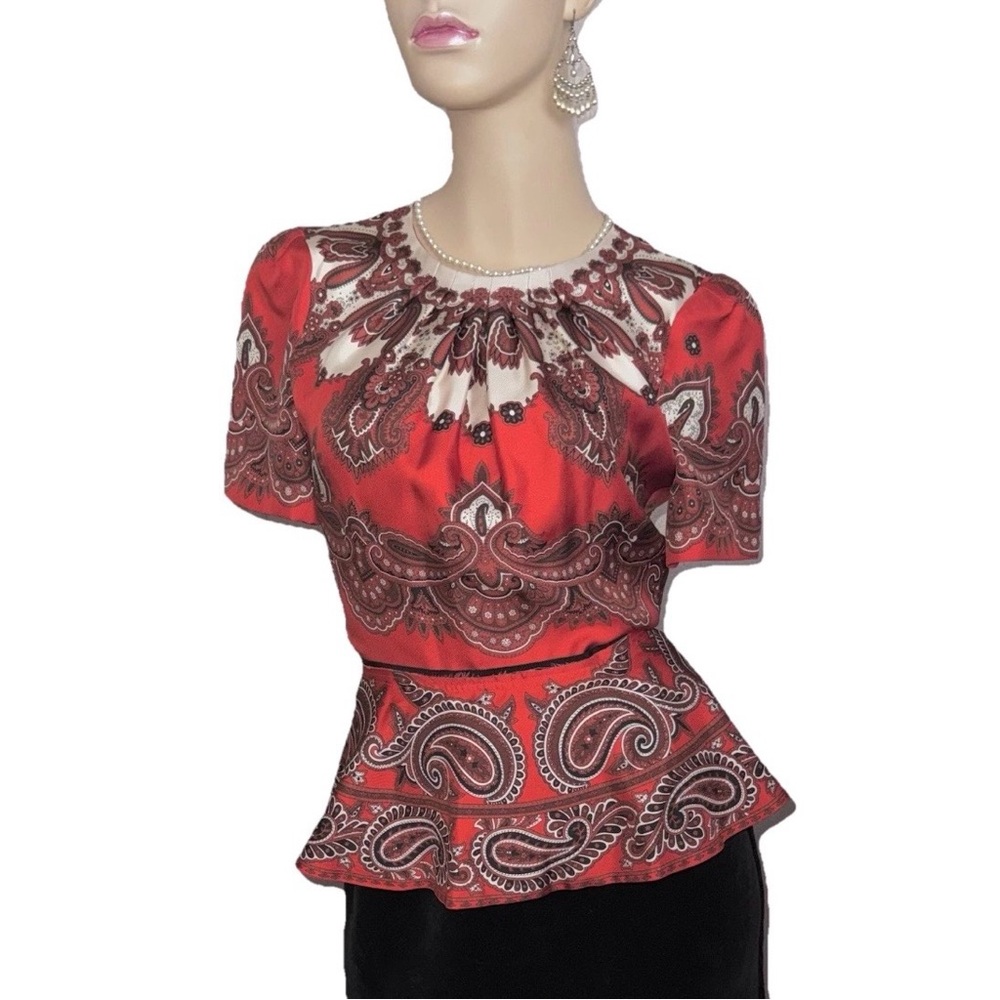 Alexander McQueen Red Paisley Peplum Silk Short Sleeve Blouse 38 4